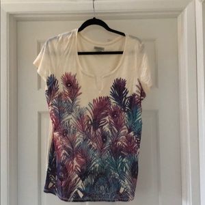 Lucky peacock tee, purple turquoise dbl v neck